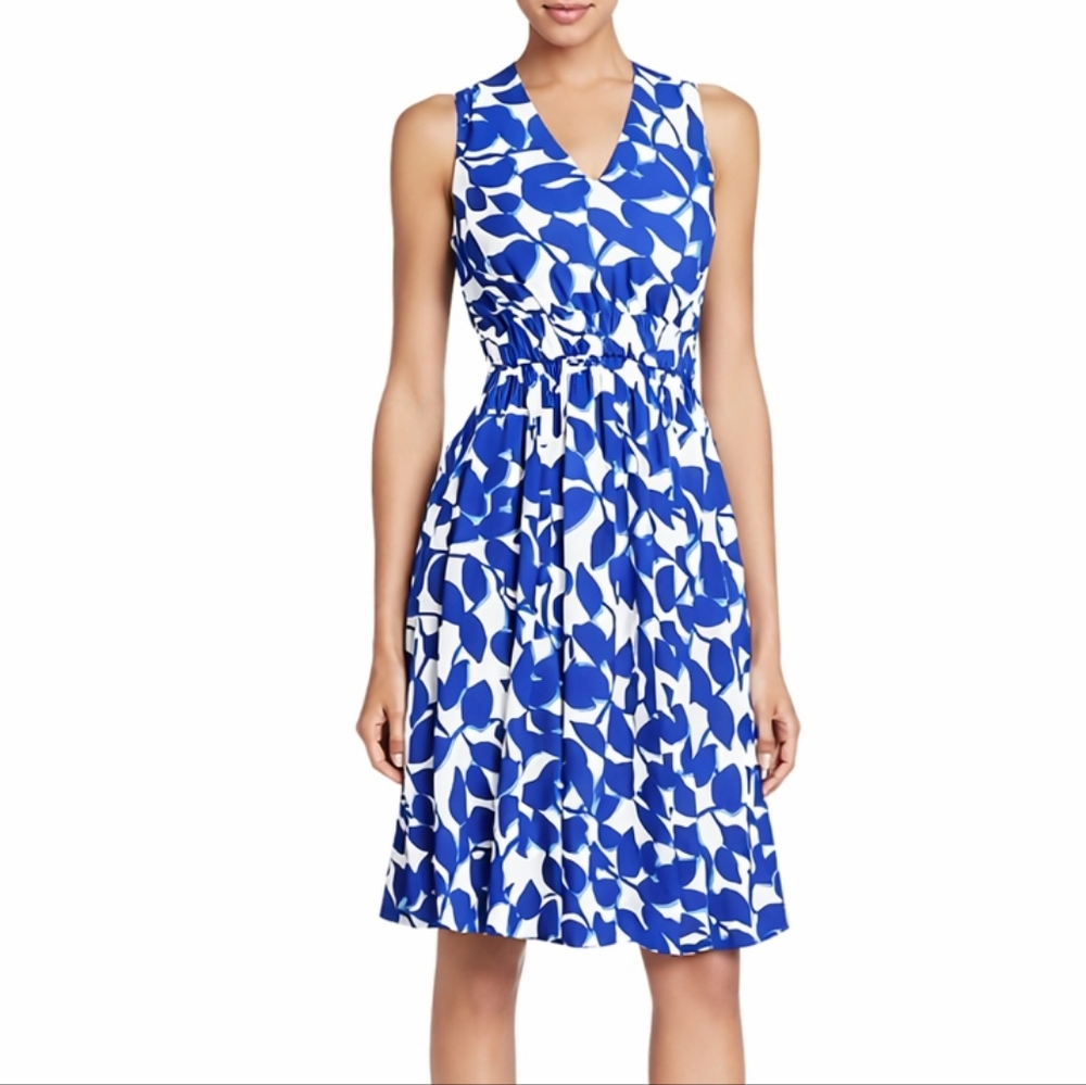 Kate Spade Blue White Leaf Print Midi Sleeveless V-Neck Elastic Waist